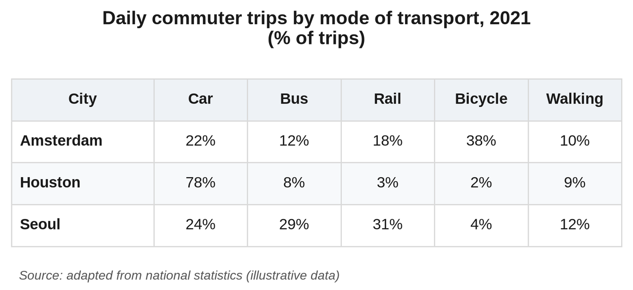 Table of the percentage of daily commuter trips by car, bus, rail, bicycle and walking in Amsterdam, Houston and Seoul in 2021.